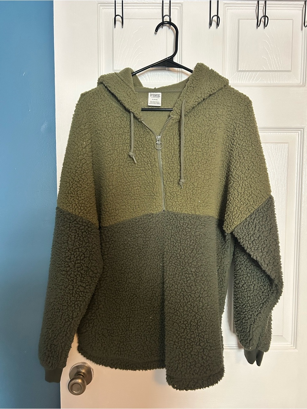 PINK Victoria's Secret Two-Tone Olive Sherpa Half-Zip Hoodie